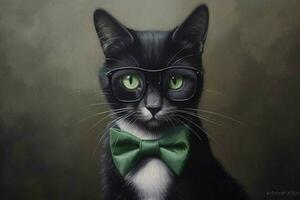 a cat with a black rimmed glasses and a black bow photo