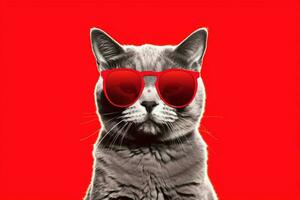 a cat wearing sunglasses and a red background wit photo