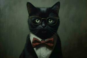 a cat with a black rimmed glasses and a black bow photo