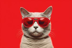a cat wearing sunglasses and a red background wit photo