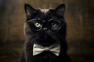 un gato con un negro bordeado lentes y un negro arco foto