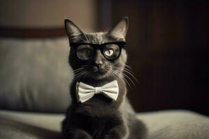 un gato con un negro bordeado lentes y un negro arco foto