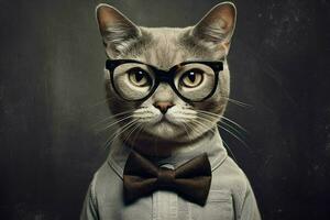 a cat with a black rimmed glasses and a black bow photo