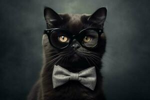 a cat with a black rimmed glasses and a black bow photo