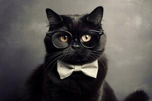 a cat with a black rimmed glasses and a black bow photo