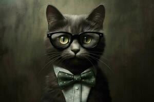 a cat with a black rimmed glasses and a black bow photo