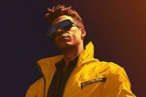 un personaje vistiendo un amarillo chaqueta y gafas de sol foto