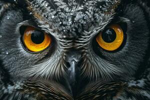 a close up of an owl with yellow eyes photo