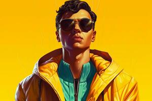 un personaje vistiendo un amarillo chaqueta y gafas de sol foto