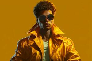 un personaje vistiendo un amarillo chaqueta y gafas de sol foto