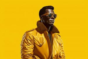 un personaje vistiendo un amarillo chaqueta y gafas de sol foto