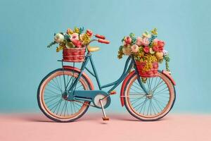 a colorful bicycle with a basket of flowers on it photo