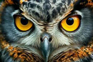 a close up of an owl with yellow eyes photo