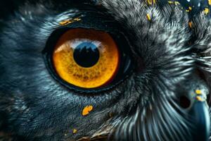 a close up of an owl with yellow eyes photo