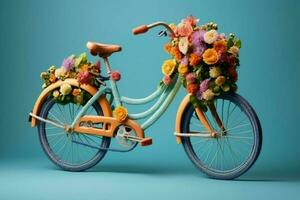 a colorful bicycle with a basket of flowers on it photo