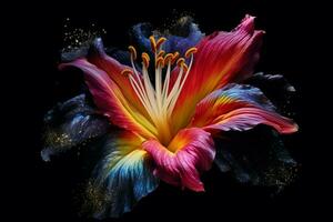 a colorful flower is displayed on a black backgroun photo
