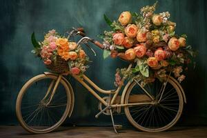 a colorful bicycle with a basket of flowers on it photo