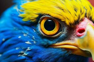 a colorful bird with a yellow eye and a blue head photo