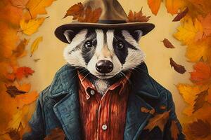 a colorful illustration of a badger wearing a hat photo