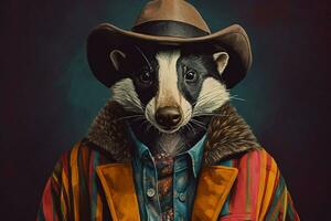 a colorful illustration of a badger wearing a hat photo