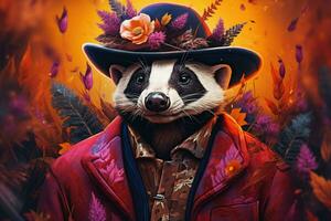 a colorful illustration of a badger wearing a hat photo