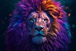 un vistoso león con un azul melena y un púrpura melena foto