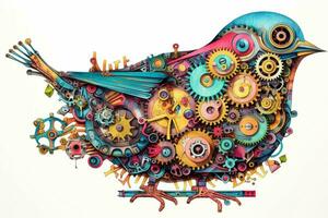a colorful illustration of a bird with gears and photo