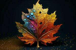 a colorful leaf that has the word autumn on it photo