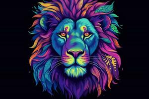 a colorful lion with a blue mane and a purple man photo