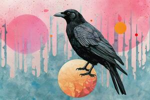 a colorful illustration of a crow with a black co photo