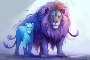 a colorful lion with a blue mane and a purple man photo