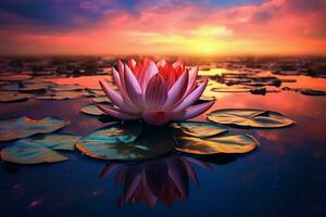 a colorful lotus flower sits on a pond with a sun photo