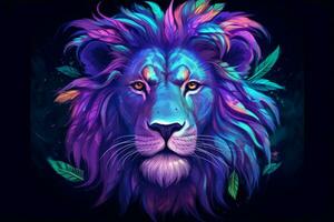 a colorful lion with a blue mane and a purple man photo