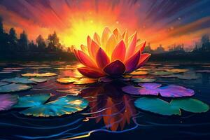 a colorful lotus flower sits on a pond with a sun photo