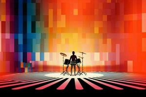 a colorful stage with a man standing in front of it photo