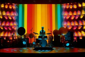 a colorful stage with a man standing in front of it photo