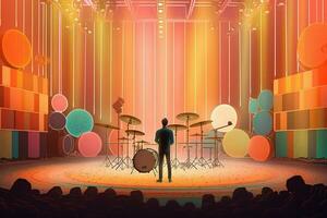 a colorful stage with a man standing in front of it photo