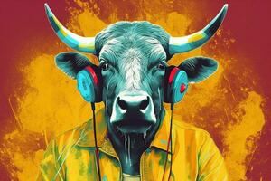 a colorful poster with a bull in a yellow jacket photo