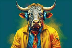 a colorful poster with a bull in a yellow jacket photo