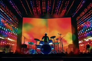 a colorful stage with a man standing in front of photo