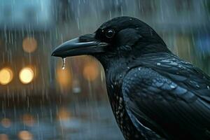 a crow in a city with a raindrop on his beak photo