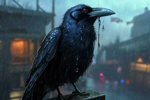 a crow in a city with a raindrop on his beak photo