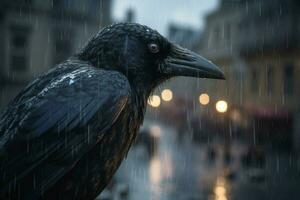 a crow in a city with a raindrop on his beak photo