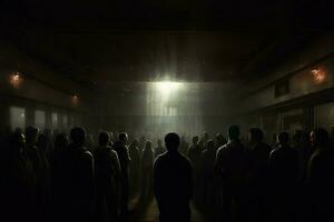 a crowd of people stand in a dark room with light photo