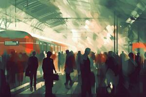 a crowd of people walking in a train station look photo