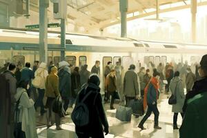 un multitud de personas caminando en un tren estación Mira foto