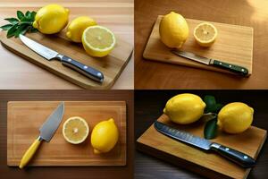 a cutting board with a knife and a knife with a l photo