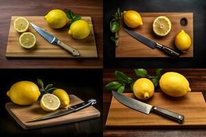 a cutting board with a knife and a knife with a l photo