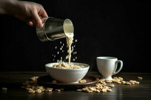 a cup of milk and a bowl of cereal being poured i photo