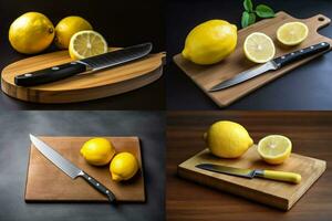 a cutting board with a knife and a knife with a l photo